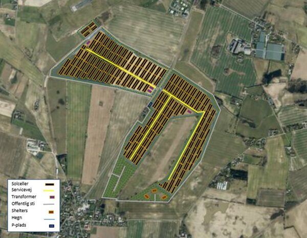 Designkort over Allesø Hybridpark med solceller, shelters og offentlig sti, Odense Kommune